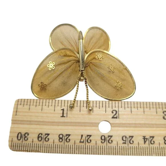 Vintage Gold Mesh Butterfly Brooch Pin With Floral Detail - Picture 2 of 7